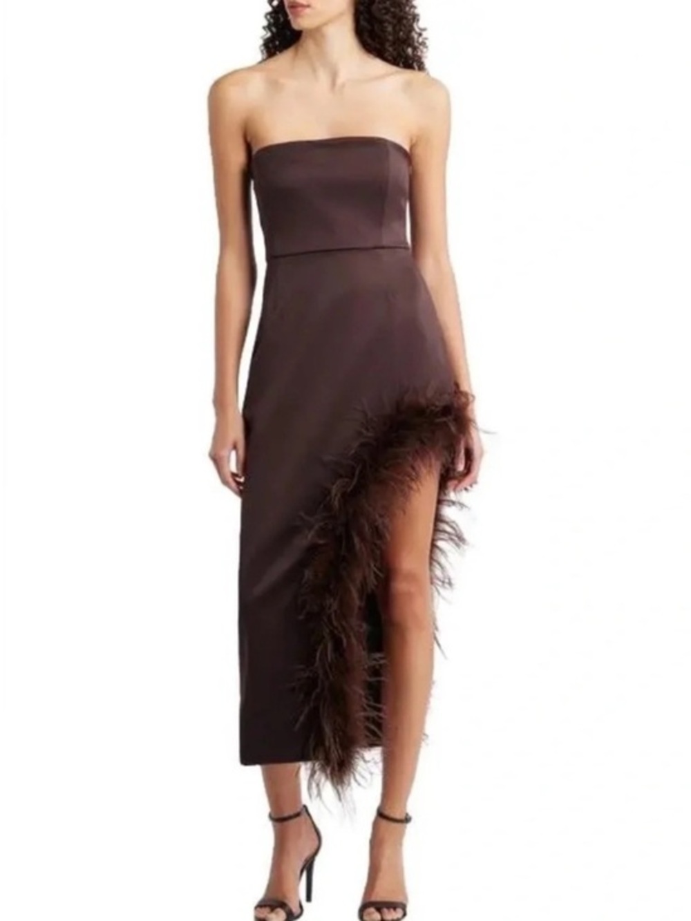 DELFI COLLECTIVE Jocelyn Feather Trim Brown Midi Dress Strapless
